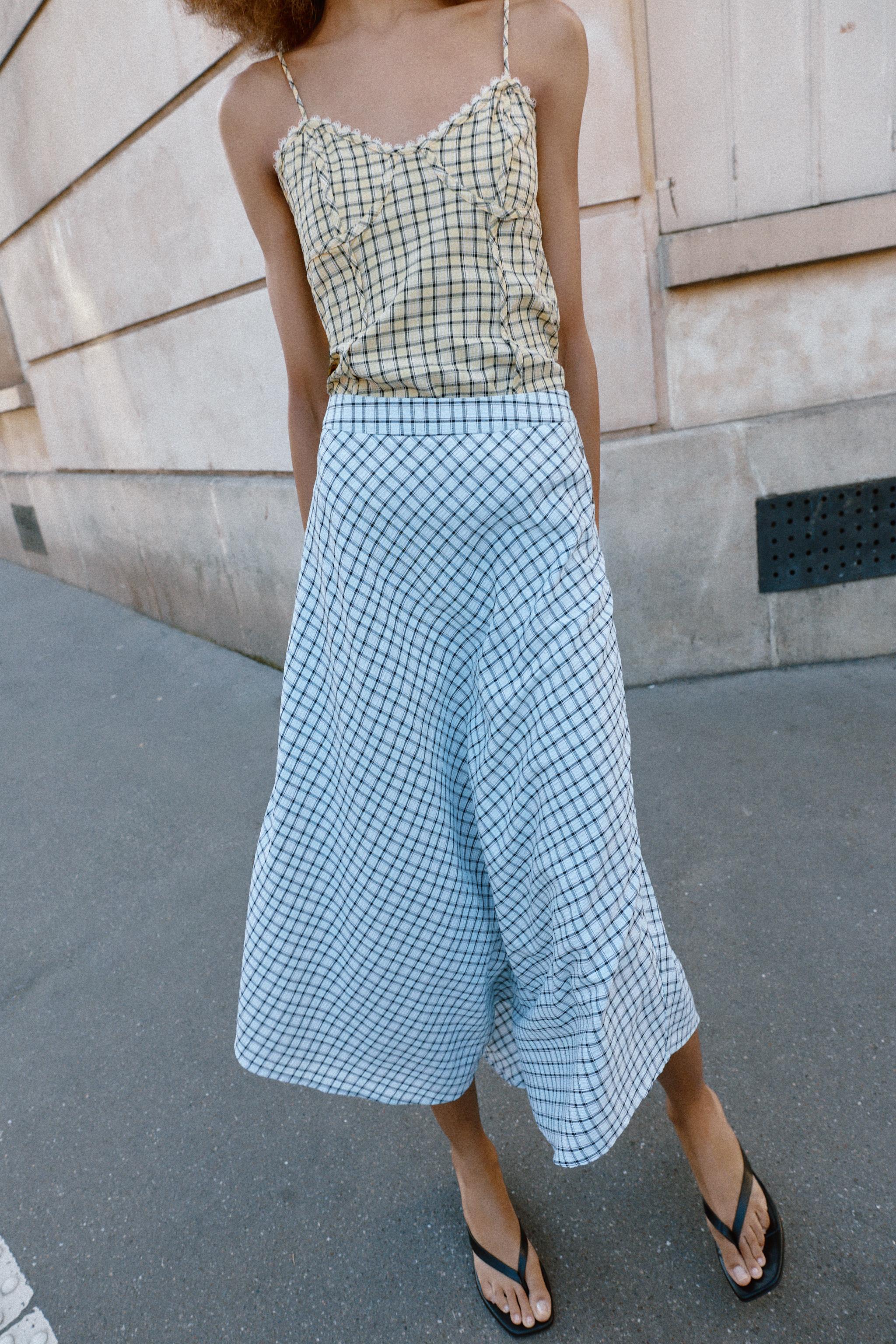 ASYMMETRIC PLAID MIDI SKIRT