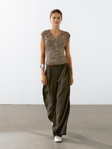 Zara Mouliné cotton V-neck top - Brown
