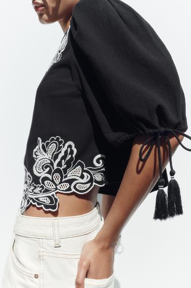 PUFF SLEEVE EMBROIDERED BLOUSE - Black by Zara - Image 4