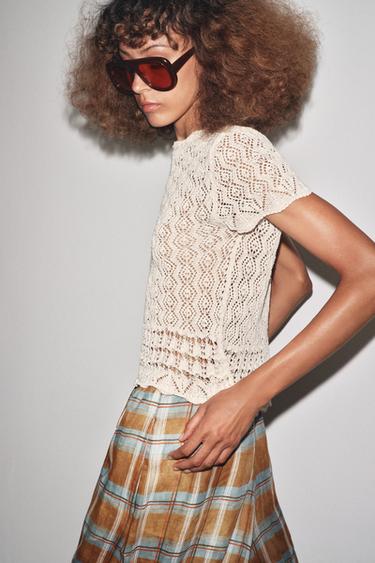 SHORT SLEEVE POINTELLE KNIT TOP - Ecru by Zara - Image 4
