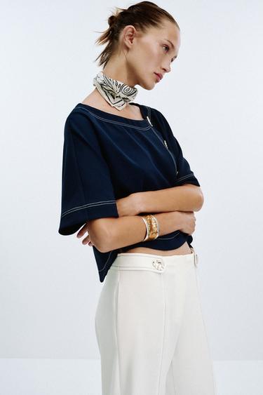 PANTALON PASSANTS SURPIQÛRES CONTRASTE - Blanc cassé de Zara - Image 3