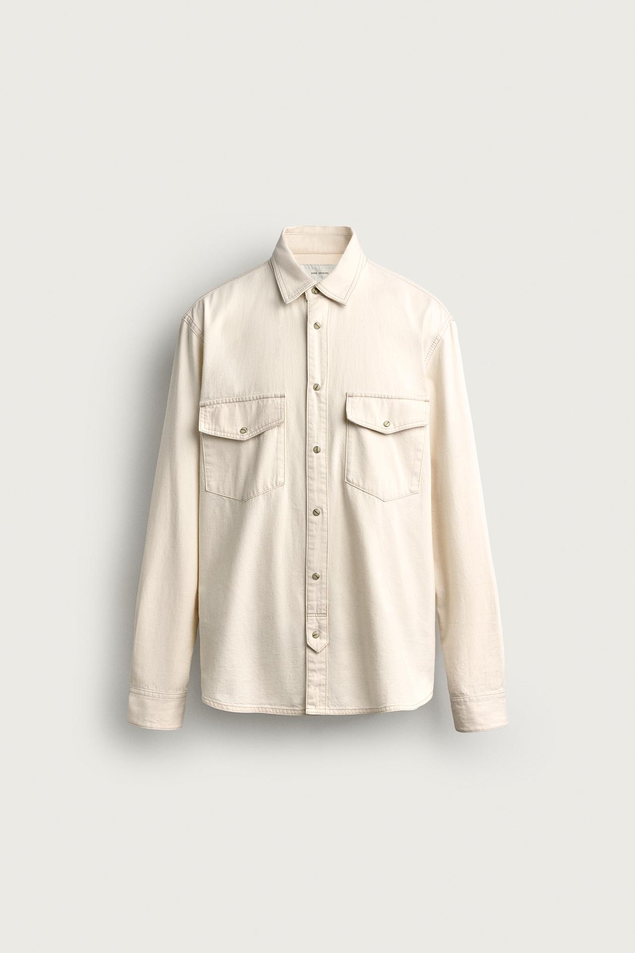 CONTRAST STITCH DENIM SHIRT — Ecru