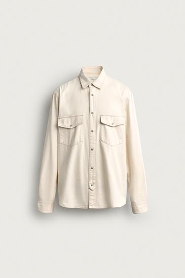 CHEMISE EN DENIM À SURPIQÛRES CONTRASTÉES - Écru de Zara