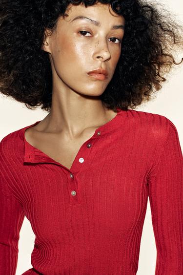 BUTTONED HENLEY T-SHIRT - Red by Zara