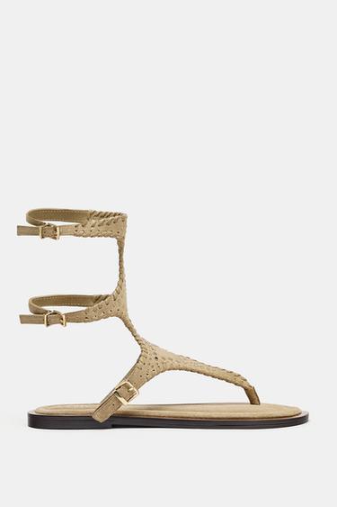 Zara DOUBLE SUEDE STRAP SANDALS - Sandy Brown