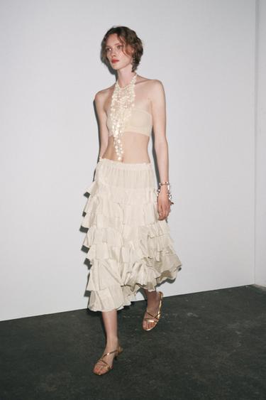 ZW COLLECTION MIDI SKIRT WITH RUFFLES - Beige / Green by Zara