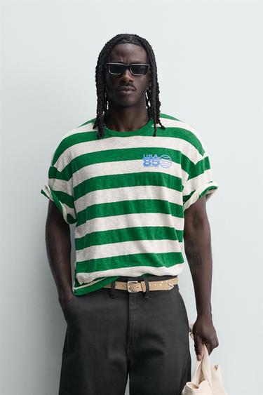 STRIPED T-SHIRT WITH CONTRAST PRINT - Green / Ecru by Zara