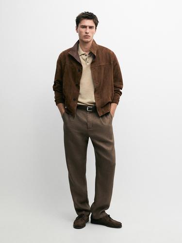 Zara Total look linen trousers with herringbone detail - taupe brown - Image 0