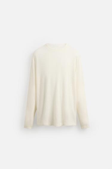 Zara LINEN BLEND T-SHIRT - Oyster-white
