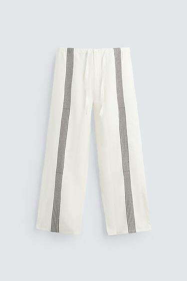 PANTALÓN 100% LINO BANDAS - Blanco roto de Zara
