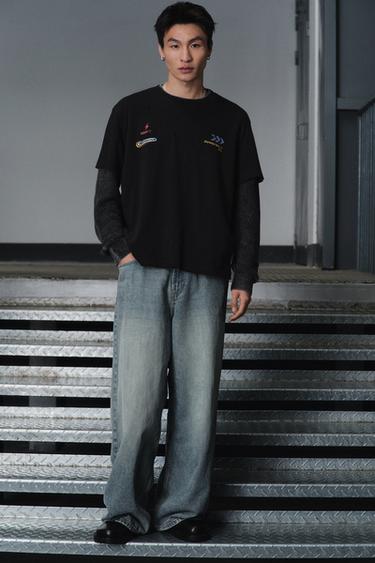 Zara 寬鬆剪洞牛仔褲 - 藍色