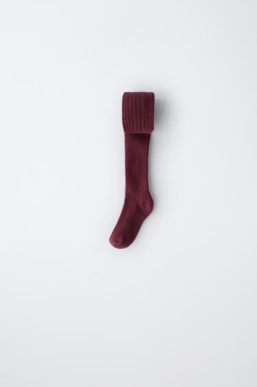 Zara PLAIN RIBBED TIGHTS - Burgundy