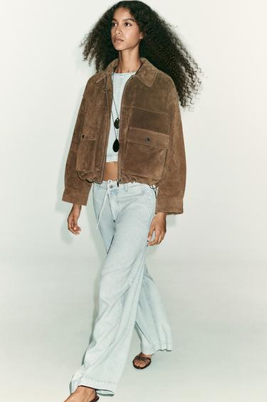 Zara Z1975 HIGH WAIST WIDE LEG JEANS WITH LACES - Light blue