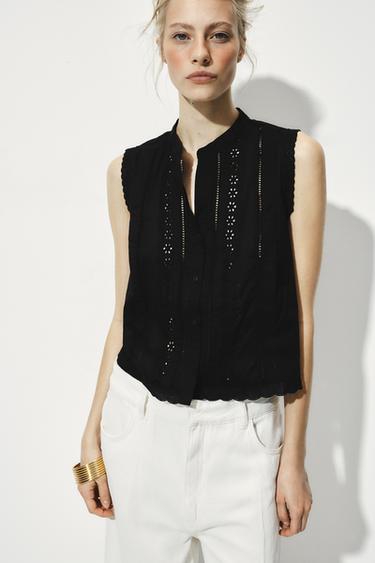Zara ROMANTIC LACE INSERT TOP - Black