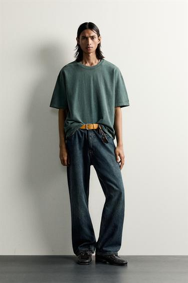 WASHED WAFFLE-KNIT T-SHIRT - Green by Zara