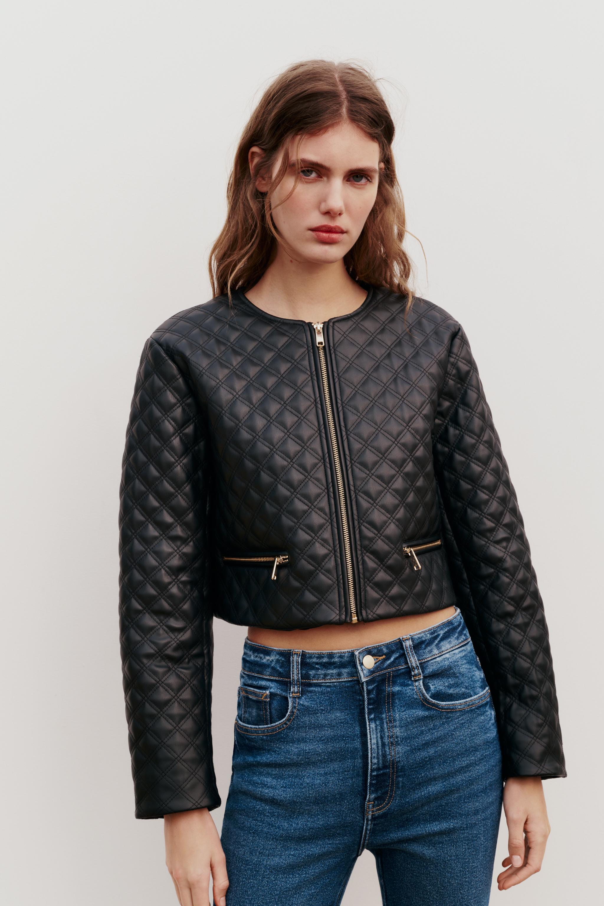 FAUX LEATHER CROPPED QUILTED JACKET - Black
