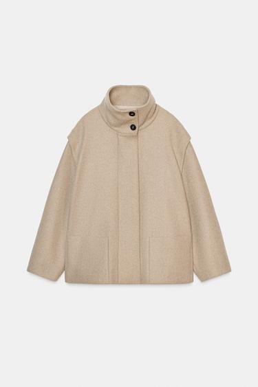 CASACO CURTO COM LÃ GOLA ALTA - Vison-claro da Zara