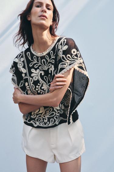 Zara ZW COLLECTION CONTRAST CROCHET TOP - Black / Ecru