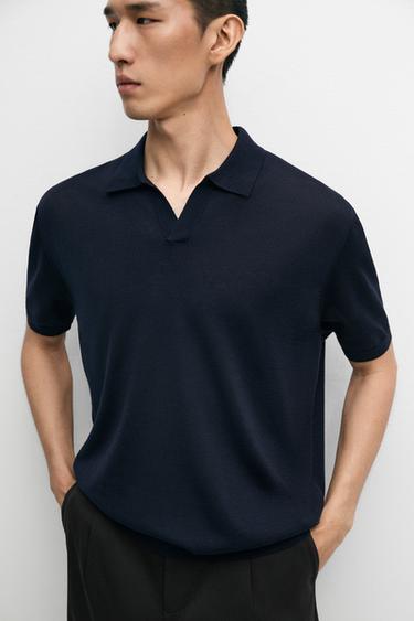 Zara Short sleeve wool blend knit polo shirt - Navy blue