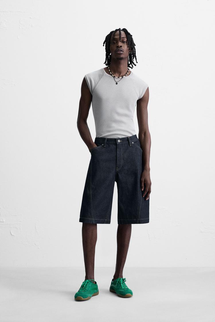 BERMUDA DENIM MODELLO AMPIO IMPUNTURE Blu ZARA Italia Italy