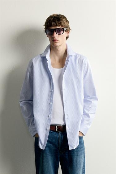 SLIM FIT TEXTURED STRIPED SHIRT - Sky blue by Zara
