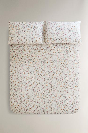 FLORAL COTTON PERCALE DUVET COVER (200 THREAD COUNT) - Oyster-white by Zara