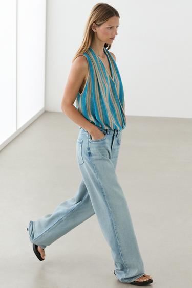 Zara Striped linen blend surplice top - Turquoise