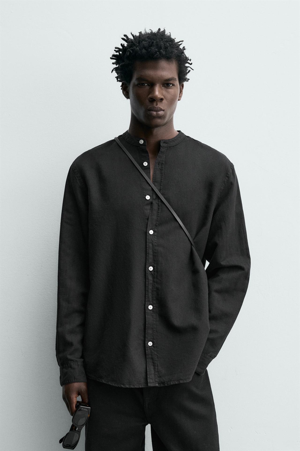 LINEN COTTON RELAXED FIT SHIRT — Black