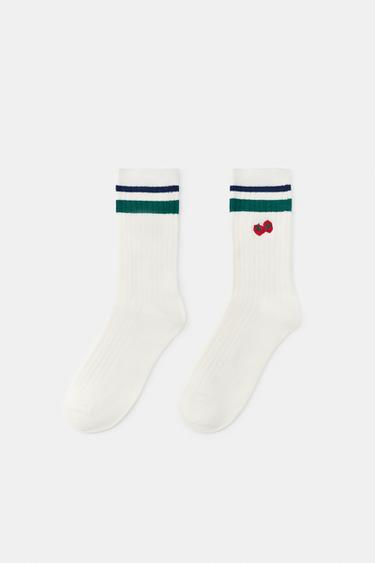 RIBBED SOCKS WITH EMBROIDERED TOMATOES - Ecru by Zara