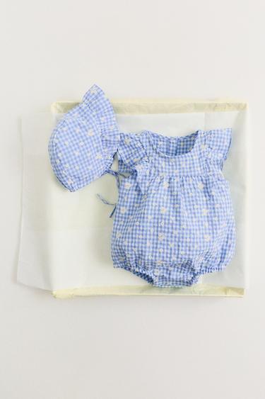 STRAMPELANZUG MIT VICHYKAROS UND GESTICKTEN GÄNSEBLÜMCHEN - Blau von Zara