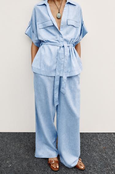 LINEN BLEND WIDE-LEG TROUSERS - Light blue by Zara