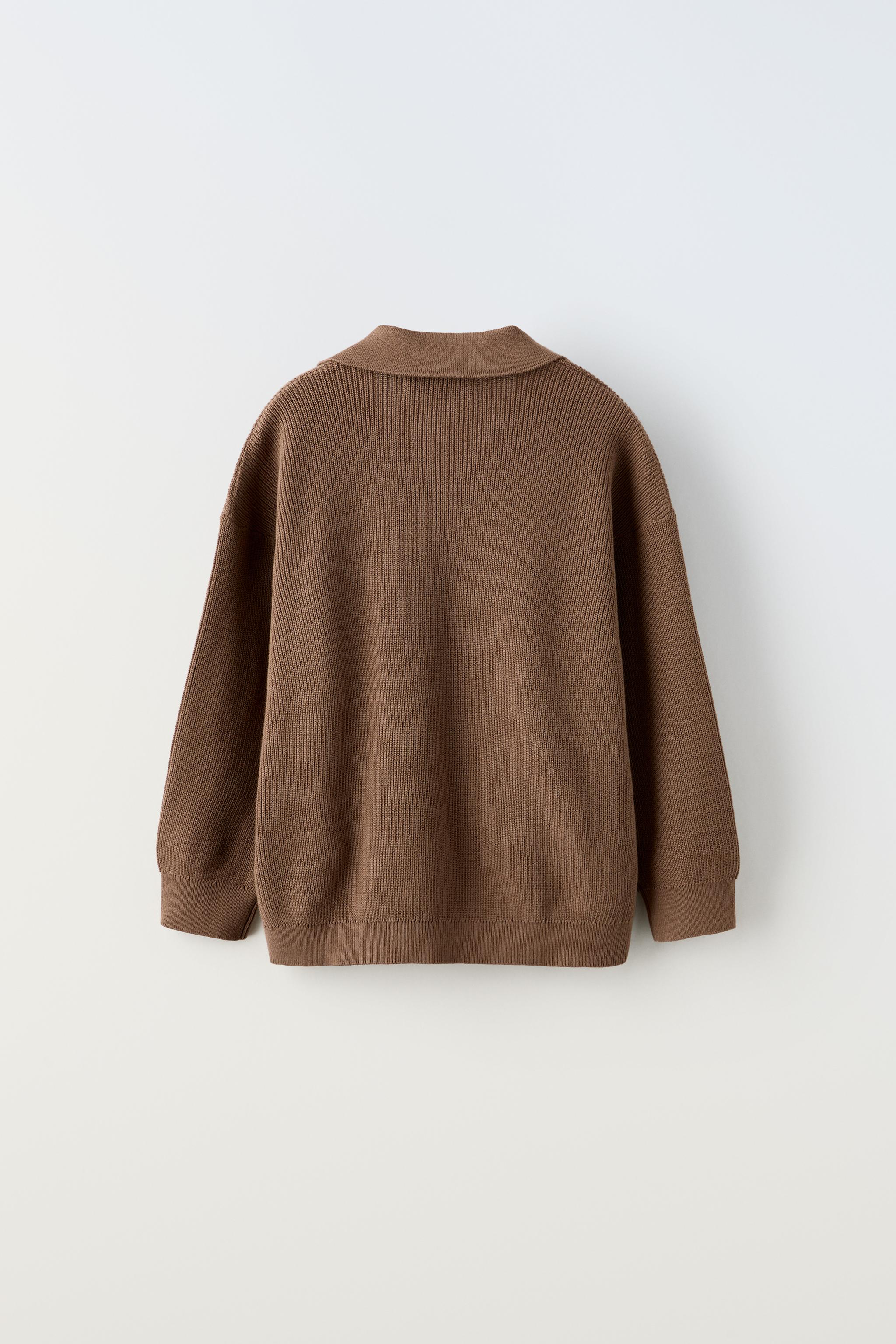 Knit sweater with polo neck and long sleeves. - Brown