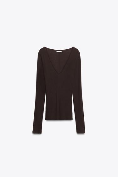 V-NECK T-SHIRT - Brown by Zara