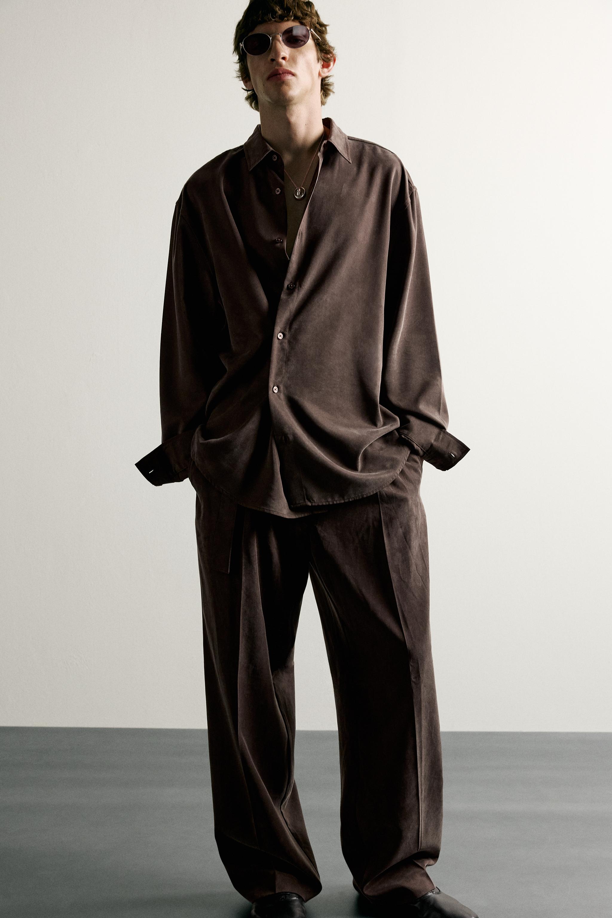 Мужские брюки Zara BELTED RELAXED-FIT FLOWY PANTS — фото 6