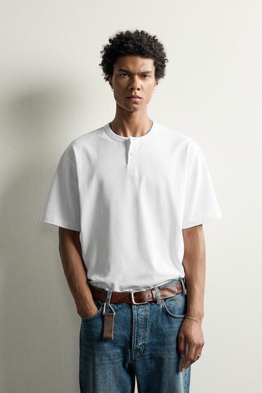 Zara REGULAR FIT HENLEY T-SHIRT - White