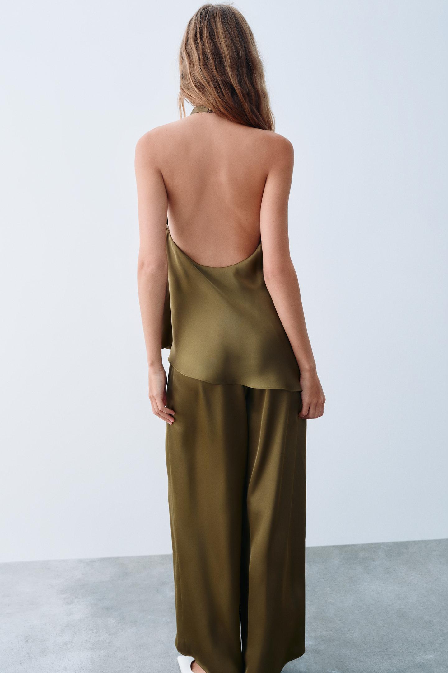Женский комбинезон Zara Satin Halter Jumpsuit, цвет: Тёмный оливковый — фото 6