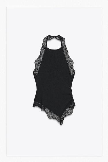 TEXTURED HALTER TOP WITH LACE - Black by Zara