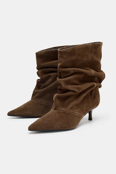 Zara RUCHED SPLIT LEATHER ANKLE BOOTS - Dark tan