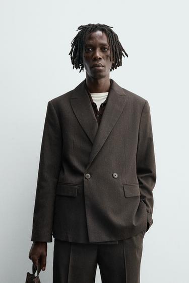 Zara DOUBLE BREASTED WOOL BLEND SUIT JACKET - brown vigore