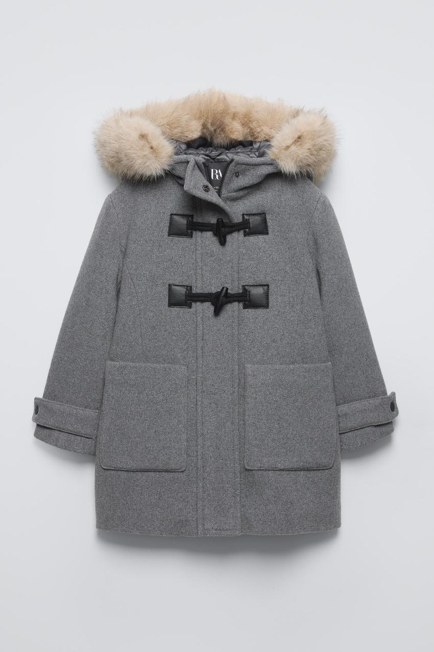 フェイクファーフーデッド ダッフルコート - ミディアムグレー | ZARA 
