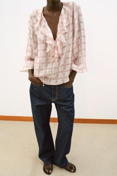 Zara PLAID RUFFLED BLOUSE - Pinks