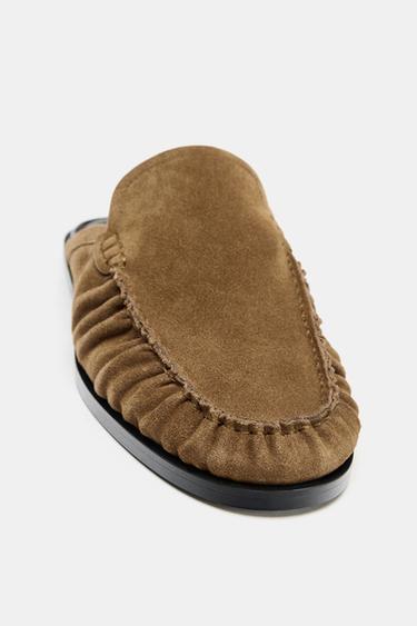 Zara SPLIT LEATHER OPEN BACK LOAFERS - Brown