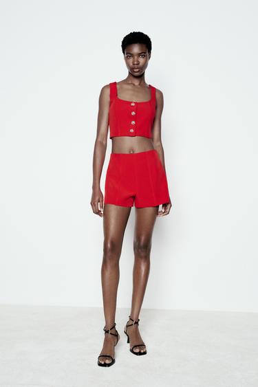 BUSTIER TOP WITH RHINESTONE BUTTONS - Red by Zara