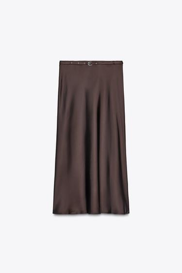 SATIN MIDI SKIRT WITH BELT - Chocolate brown by Zara - Image 0