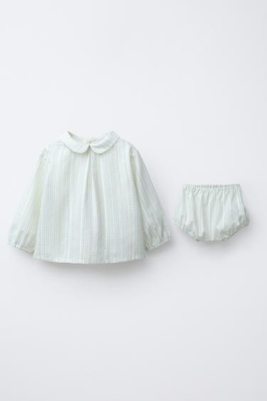 STRIPED JACQUARD SHIRT AND BLOOMERS SET - Ecru / Blue by Zara