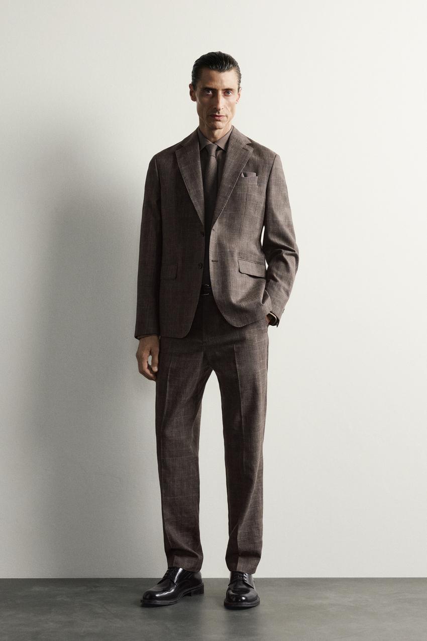 brown checkered dress pants Zara - Linen And Wool Check Suit - - 31 (Us 31) 34 inches Size 34 Rustic Wedding Dresses Womens Velvet Bow Tie Color:Dark Red