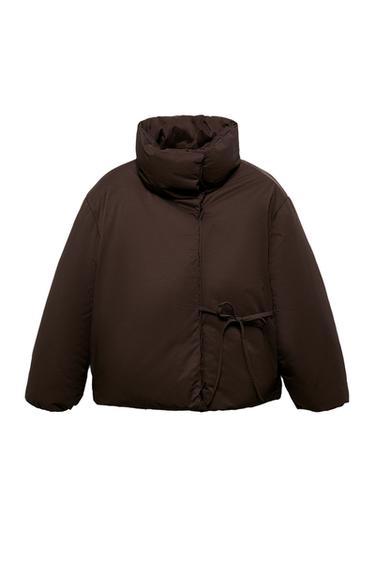 Front view of brown padded jacket with high neck, long sleeves, concealed button fastening and side tie.