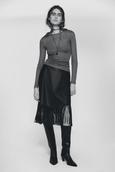 FAUX LEATHER FRINGED MIDI SKIRT - Black by Zara