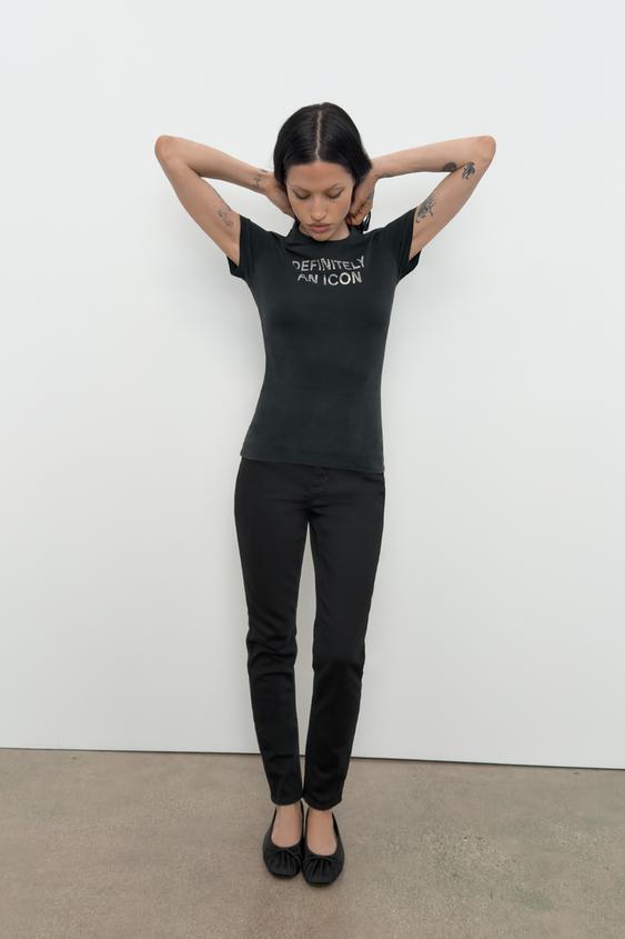 FADED-EFFECT SHINY SLOGAN T-SHIRT - Anthracite grey by Zara - Image 0
