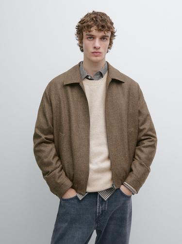 Zara 100% wool bomber jacket with zip - Green marl